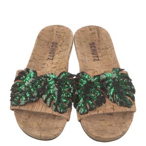 Schutz Green Sequin Slide Sandals
